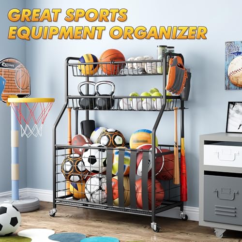 APEXCHASER Heavy Duty Sports Equipment Organizer, Garage Ball Storage Rack with Baskets & Hooks, Ball Organizer for Garage, Rolling Storage Cart for Basketball, Soccer Balls, Toys & Outdoor Gear
