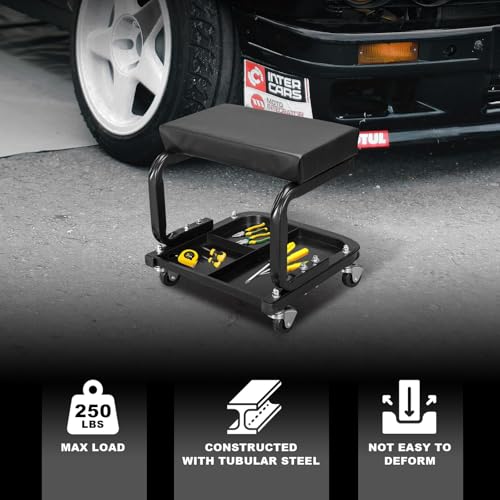 Big RED 250lb Black Rolling Automotive Creeper Garage/Shop Seat: Padded Mechanic Stool with Tool Large Tray Suitable for garages, Repair Shops,6300-black