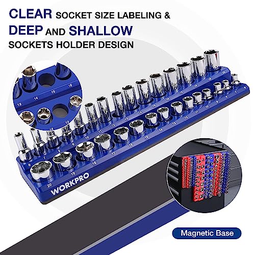 WORKPRO Magnetic Socket Organizer Set, 6-Piece Socket Holder Set Includes 1/4", 3/8", 1/2" Drive Metric SAE Socket Trays, Holds 143 Pieces Sockets, Christmas Gift for Men(Socket not Included)