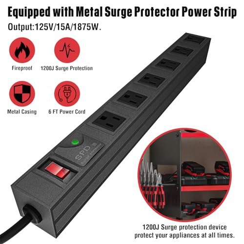 YYR Power Tool Organizer with Charging Station Wall Mount, Cordless Drill and Battery Holder for Garage Organization, Electric Tools Storage Rack Build in Surge Protection Power Strip - Red Shelf