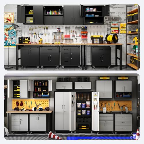 VIYET Metal Tool Cabinet,Garage Storage Cabinet System,Wall Cabinet & Locking Rolling Tool Cabinet with Doors and Adjustable Shelves,Steel Tool Cabinets for Home