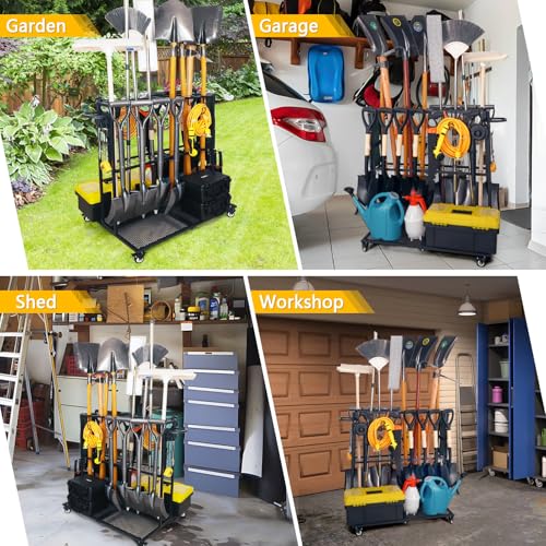 LCMWHOP Garden Tool Organizer - Heavy Duty Garage Storage and Organization with Wheels - Large Garden Tool Storage Holder for Lawn Yard Patio Shed,Garage Shovel Rack