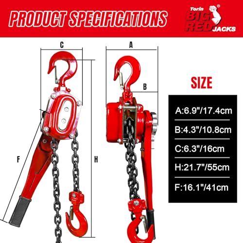 Big RED Manual Lever Chain Hoist,1-1/2 Ton 3000 lbs Capacity Come Along,G80 Grade Steel with Double-Pawl Brake,2 Heavy Duty 360° Rotation Hooks for Garage Factory Warehouse Ports Automotive Machinery