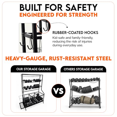 AMPLY Sports Equipment Organizer, Rolling Sports Ball Storage Garage Rack with Large Ball Bins, Side Bat Grid and Multi-Tier Shelves, Steel Rust-Resistant Gear Cart for Families, Schools, Gyms