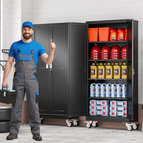 AUEYTVR 71" Metal Garage Storage Cabinet with Wheels and Locking Doors and Tall Rolling Steel Tool Cabinet with 4 Adjustable Shelves for Garage,Home,Office,Shop (Black, 71''H x 30''W x15''D)
