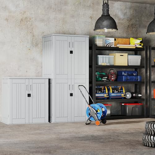 EHHLY Heavy Duty Small Storage Cabinet Outdoor Weatherproof, 14 Cuft Garage Storage Cabinet with 2 Adjustable Shelves, Lockable Kitchen Pantry Closer Organizer, 31Wx23Lx34H, Polar White