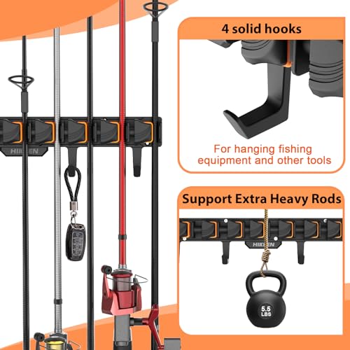 Hikeen Fishing Rod Holders, Wall Mounted Fishing Rod Rack, Fishing Pole Holder Holds Up to 8 Rods or Combos, Fishing Rod Holders for Garage with 4 Hooks, Fits Most Rods of Diameter 3-24mm(1Pack)