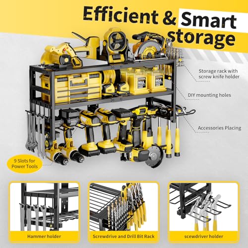 SEENWUUN Power Tool Organizer Wall Mount Heavy Duty 320 lbs, 3 Layers Storage Rack with 9 Drill Holders & Battery Storage, cordless tool organizer for Garage, Workshop & Tool Room