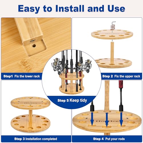 NBINGB Fishing Rod Holders for Garage 360 Degree Rotating Fishing Pole Rack, Floor Stand Holds up to 12 Rods Bamboo Wood Fishing Gear Equipment Storage Organizer, Fishing Gifts for Men