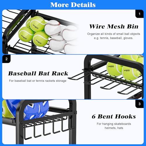 YIWANFW Garage Ball Storage Rack - Sports Equipment Organizer with Wheels, Rolling Sports Ball Cart with Elastic Rope, Outdoor Ball Holder for Basketball Soccer Volleyball Football, Garage Toy Storage