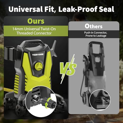 Yeryork Pressure Washer, 3000 PSI Power Washer with 4 Lockable Wheels, Stainless Steel Lance, 4 Quick Connect Nozzles, 500ml Foam Cannon for Car/Decks/Driveways/Patios (Fluorescent Green)