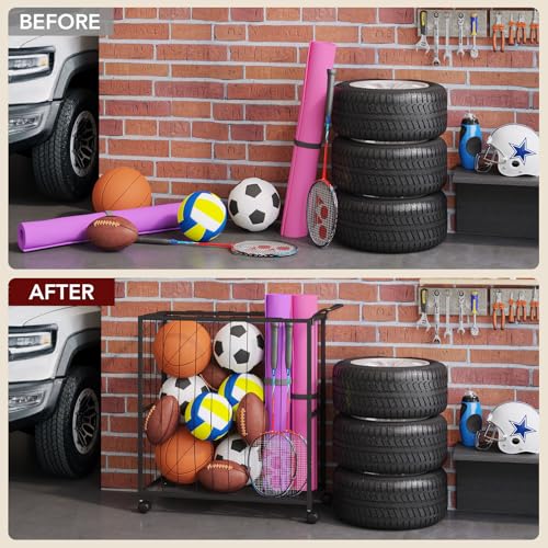 Homsorout Ball Storage Bin Rolling Sports Ball Cart, Metal Garage Organizer Sport Rack, Ball Basket Storage, Ball Cage for Garage or Gym, Indoor & Outdoor Sports Equipment Organizer Black