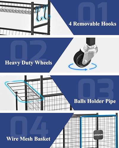 Logicexplore Sports Equipment Storage Organizer Rack with Rolling Wheels, Garage Ball Storage Cart for Basketball, Soccer, Baseball, Heavy-Duty Metal Sports Rack for Garage, Home, School Gym