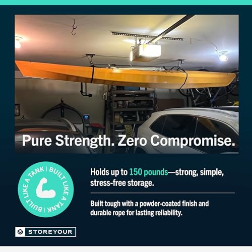 StoreYourBoard Kayak and Canoe Ceiling Hoist – Overhead Garage Storage Rack for Kayaks, Canoes, and Paddle Gear – Heavy Duty Pulley System Indoor Ceiling Mount – Holds 150 lbs, 10 to 14 ft High Spaces