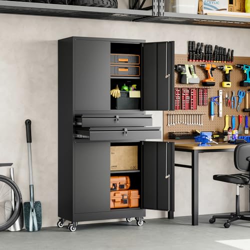 Yizosh Metal Garage Storage Cabinet with Locking Doors and Adjustable Shelves, 74" Rolling Tool Storage Cabinet with 4 Wheels and 2 Drawer for Garage,Warehouse