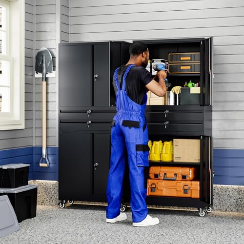 Yizosh Metal Garage Storage Cabinet with Locking Doors and Adjustable Shelves, 74" Rolling Tool Storage Cabinet with 4 Wheels and 2 Drawer for Garage,Warehouse