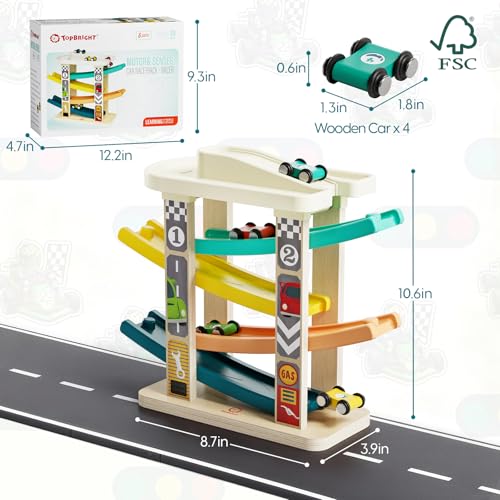 TOP BRIGHT Toddler Toys for 2 Year Old Boy, Wooden Car Ramp Race Track Set, Car Toys for Toddlers 1-3 with Cars and a Garage, Montessori Toys for 12 Year Old Boy Girl,Birthday Gift for Age 18+ Month