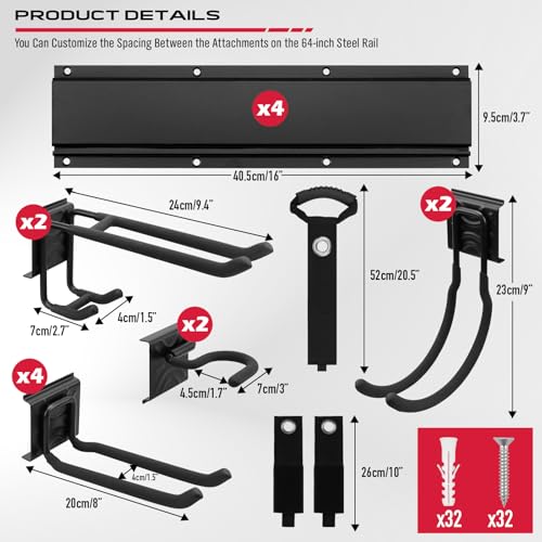 SEDY 64" Heavy Duty Garage Storage Tool Organizer Wall Mount - Tool Rack with Adjustable Hooks, Anti-Rust, 300lbs Capacity - Easy Installation (4 Racks, 10 Hooks, 3 Straps)