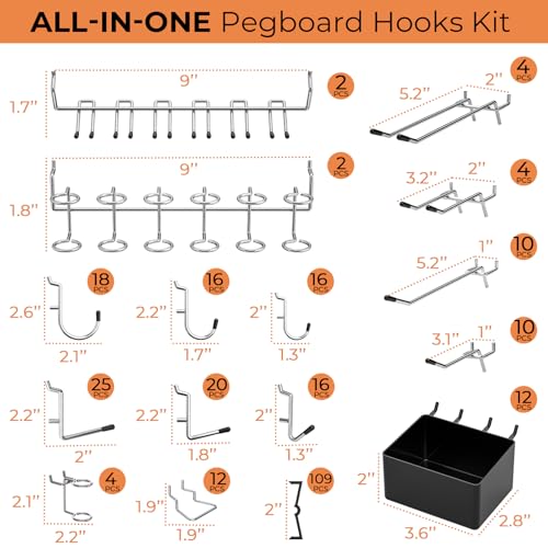 INCLY 278PCS Pegboard Accessories Organizer Kit, Peg Board Hooks Assortment with Bins for Organizing Various Tools, Fit 1/8 or 1/4 inch Pegboard for Hanging Storage, Garage Wall Attachments