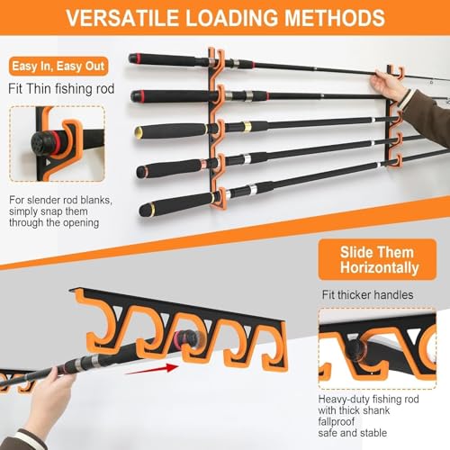 bruwaa 2 Pack Horizontal Fishing Rod Holders for Garage Wall & Ceiling, Anti-Scratch Soft PU Pad Rod Rack, Fishing Pole Storage Organizer Holds up to 10 Rod, Wall Mount Rod Keepers for Casting Rods