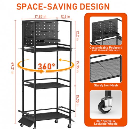 GloCryp 12-Rod Fishing Pole Holders for Garage, 3-Shelf Fishing Rod Holder with Pegboard and Trays, 360° Rotatable, Rolling Fishing Storage Cart with Wheels for Tackle Box & Fishing Gear Organization