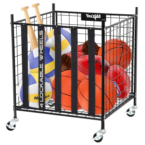 YES4ALL Metal Rolling Sports Ball Storage Cart with Lockable Wheels – Heavy-Duty Basketball, Football & Volleyball Holder for Garage, Gym or School – Large Equipment Organizer with Easy-Access Elastic Bands