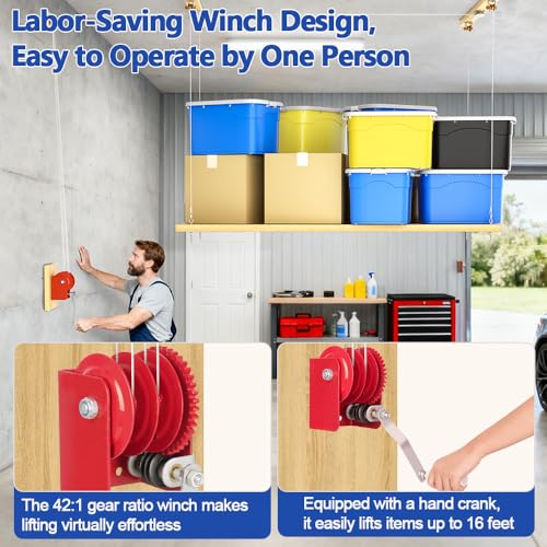 TooTaci Overhead Garage Storage Lift with 3/16 Steel Cable & Winch, Heavy Duty Ceiling Mounted Garage Storage Lift System for Organization, 300lbs Weight, Supports 8-16ft Ceilings (Deck Not Includ)