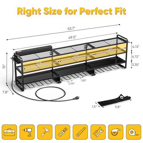 POKIPO 49.5" W Large Power Tool Organizer Wall Mount with Charging Station, 4 Tier Heavy Duty 12 Cordless Drills Holder Load 800 lb, Tool Battery Storage Rack Built in 8 Outlet Power Strip for Garage