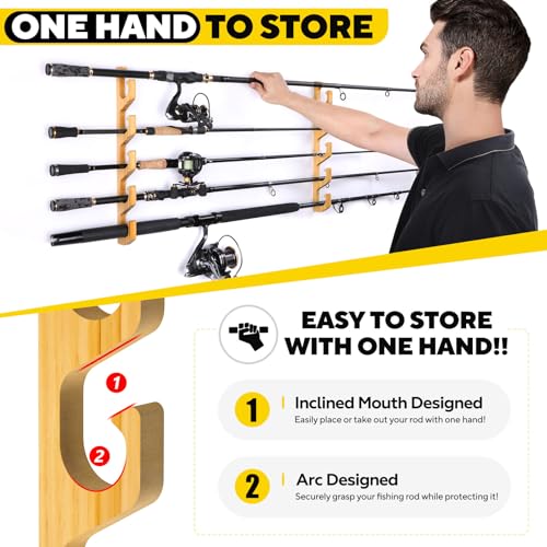 PLUSINNO H5W Horizontal Fishing Rod/Pole Holders for Garage, Wall or Ceiling Mounted Rack, Solid Wood Fishing Rod Holder Holds up to 5/10/20 Rods or Combos Fishing Gear, Gifts for Men