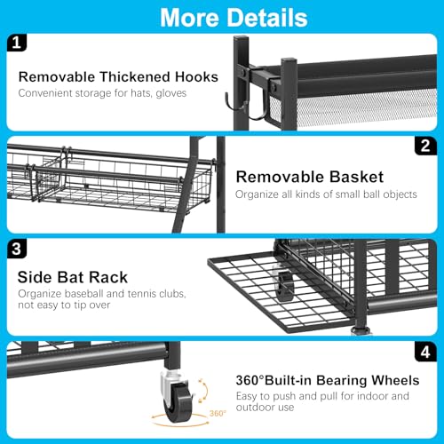 Jsskeeim Garage Sports Equipment Organizer,Sports Ball Organizer with Wheels,Mesh Pocket, Basket,Ball Organizer with Baseball Bat Rack and HooksToy Storage Rolling Cart-Black