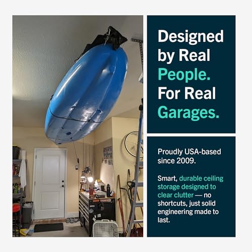 StoreYourBoard Kayak and Canoe Ceiling Hoist – Overhead Garage Storage Rack for Kayaks, Canoes, and Paddle Gear – Heavy Duty Pulley System Indoor Ceiling Mount – Holds 150 lbs, 10 to 14 ft High Spaces