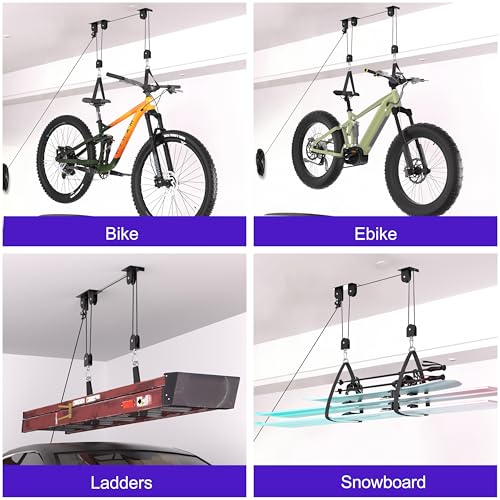 TRUSOON Bike Hoist, Heavy Duty Ebike Lift Pulley System for Garage Ceiling Overhead Storage for Bicycle, Ladders, Snowboard, Holds Up to 85 lbs Capacity, Fit 10-16 Foot High Ceilings