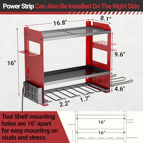 YYR Power Tool Organizer Wall Mount with Charging Station, Cordless Tools Hanger and Battery Storage Rack for Garage Organization, Heavy Duty Drill Holder Shelf Build in Metal Power Strip - Red