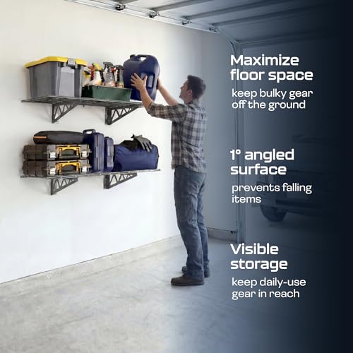 MonsterRax | Garage Wall Shelf Two-Pack White or Hammertone | Three Size Options | Includes Bike Hooks | 500lb Weight Capacity (Hammertone, 18"x36")