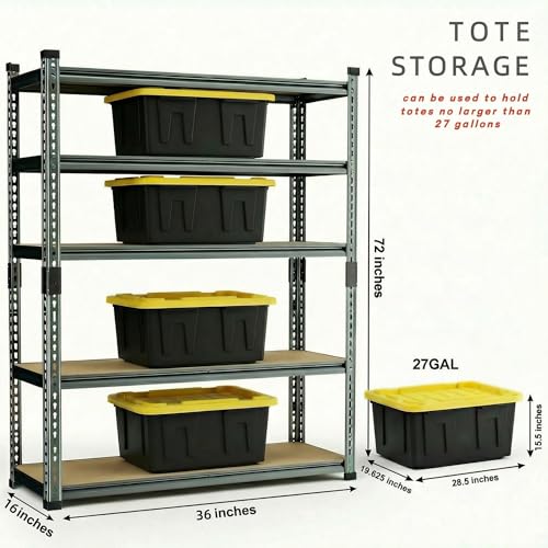 Lionhon Garage Shelving Heavy Duty, 2450LBS Metal Storage Shelves 5 Tier, Adjustable Shelving Unit 36" W x 16" D x 72" H, Boltless Garage Storage Rack for Garage Basement, Pantry, Warehouse 1Pcs
