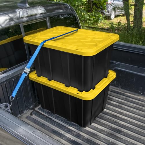 Alvanhqw 27 Gallon Plastic Storage Container with Snap-On Lid, Heavy-Duty Industrial Tote, Black and Yellow, 28.5x19.6x15.5 Inches, 6 Pack (6, Black/Yellow)