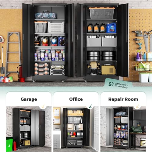 Greenvelly 73" Rolling Storage Cabinet,Black Metal Garage Cabinet with Locking Doors and 4 Adjustable Shelves for Home,Kitchen,Office,Warehouse(32" W x 16" D,Wheels)