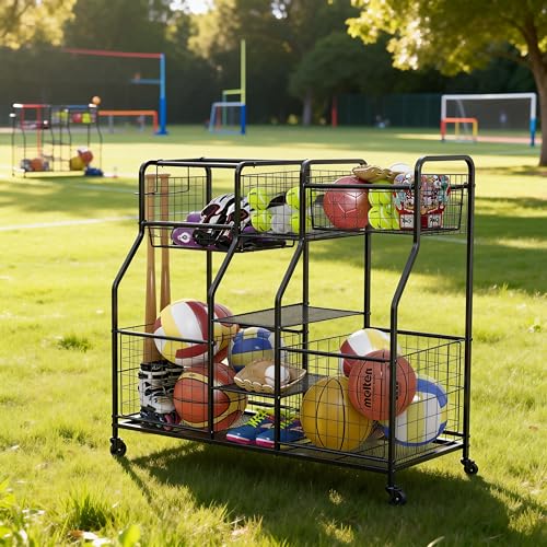 LUMAMU Garage Sports Equipment Organizer, Ball Storage Rack, Garage Organizer System, Indoor/Outdoor Sports Rack, Sports Gear Storage Rack for Basketballs Footballs Volleyball, Black