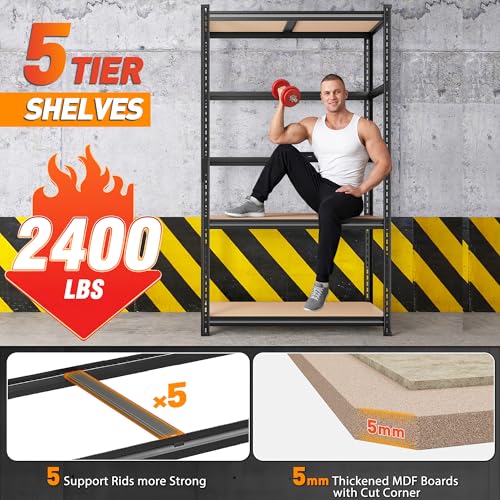 REIBII 2400LBS Garage Shelving Heavy Duty,5 Tier Storage Shelves Adjustable Metal Shelving Unit,Garage Shelves for Basement,Warehouse,Commercial,Pantry,Closet,Kitchen 72x36x16,Black