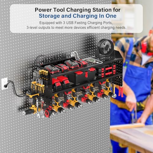 JUNNUJ Large Power Tool Organizer Wall Mount with Charging Station. Garage 8 Drill Holder Tools Battery Storage Shelf, Heavy Duty Utility Storage Rack Built in 8 Outlet 3 USB 6 FT Power Strip