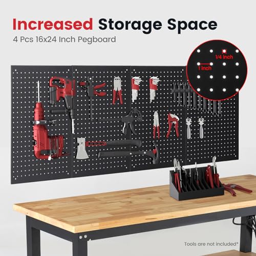 ENJOYWOOD Work Table for Garage 60 Inch Workbench with Storage Adjustable Height Rubber Wood Tabletop Work Bench with Power Outlets Pegboard Pad for Cutting Wood Shop Woodworking Home Office