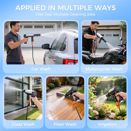 Foldable Pressure Washer Portable Battery Washer with 5-in-1 Nozzle, 3 Levels & LCD Display, Handheld Washer for Car, Bike, Patio & Camping (Black)