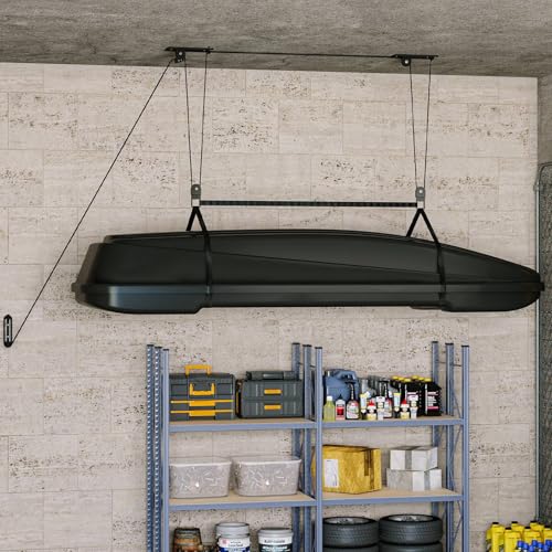 PrecisionAuto Cargo Box Garage Pulley System, Professional Heavy-Duty Ceiling Hoist for Rooftop Cargo Boxes & Large Storage Bins, 150 Lb Rated Capacity, Fits 10–14 ft Garage Ceilings