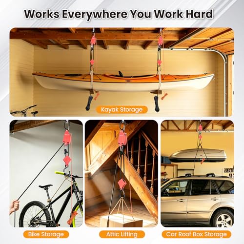 Ayaport Self Locking Block and Tackle Pulley System with 36' x 3/8" Rope, Hoist Limit 70LBS, Tie Down Limit 350LBS Rope Hoist Hanger for Bike, Kayak, Deer Hunting Garage Storage Gear,1 Pack