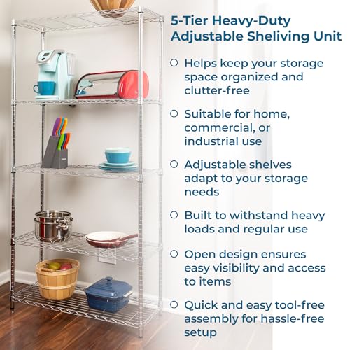 Honey-Can-Do 5-Tier Heavy Duty Adjustable Shelving Unit, 200-lb Per Shelf NSF Certified Metal Storage Rack, Chrome Wire Shelf for Garage Kitchen Pantry, 36 x 14 x 72 in