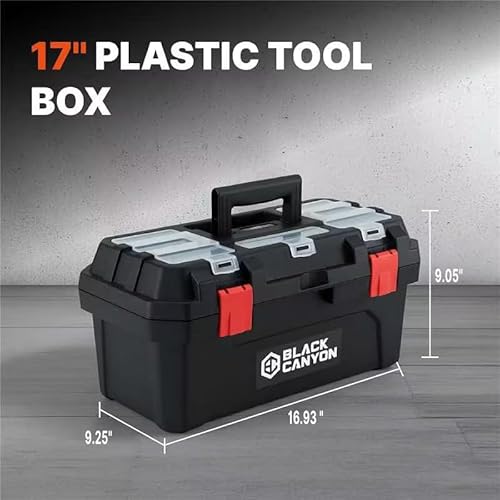 Black Canyon 17 Inch Plastic Tool Box, Support up to 44 lbs,Dual-Layer Design, Flexible for Stacking, Top-Lid Storage, Ideal for DIY, Workshop