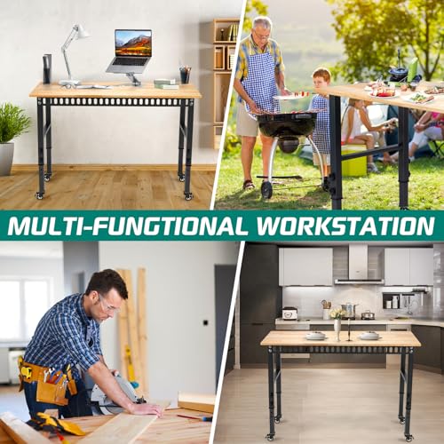 OLBRUS 48 "Adjustable Wheels Workbench, Heavy Duty 2000 LBS Load Capacity Hardwood Workbench Suitable for Workshop, Office, Garage, Home (Metal Wheels丨No Power Outlets 48"x24")