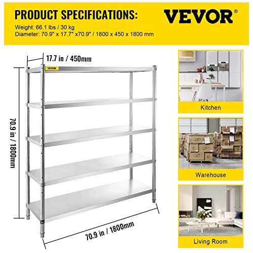 VEVOR Storage Shelf, 5-Tier Storage Shelving Unit, Stainless Steel Garage Shelf, Heavy Duty Storage Shelving, 1650 Lbs Total Capacity with Adjustable Height
