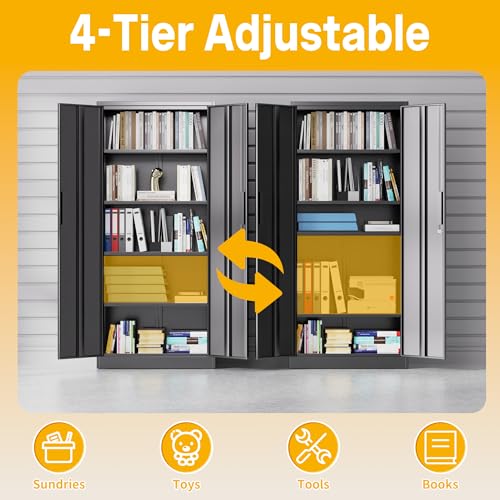 Reegangfa Metal Storage Cabinet with 2 Doors and 4 Adjustable Shelves, 71" Garage Storage Cabinet with Anti-Tipping Design, Lockable Garage Cabinets for Office, Home, Garage, Gym, School