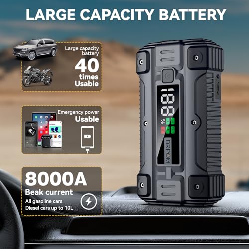 Car Jump Starter, 8000A Peak (Up to All Gas or 10.0L Diesel Engine, 50 Times) 12V Auto Booster Battery Charger Jump Box with Quick Charger Smart Jump Cables with LED Screen